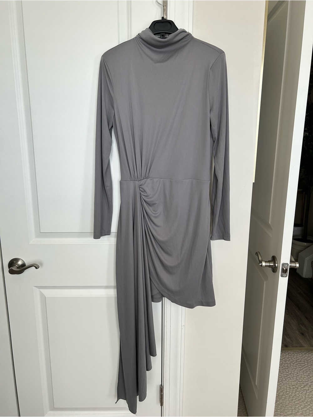Zara Gray Long-Sleeve Asymmetrical Draped Dress